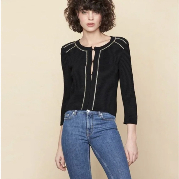 Maje Fine Knit Rhinestone Trim Cardigan Jacket Black Gold French Designer Small - Picture 4 of 16